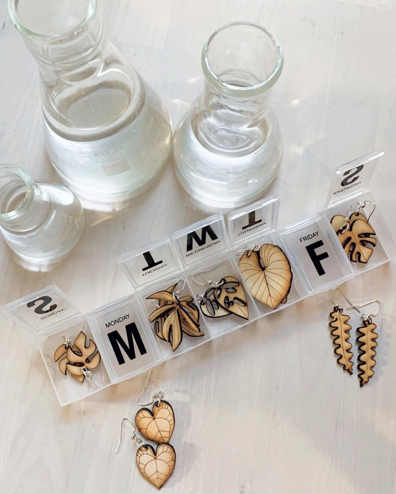 Pill Case 7 Set Plant Wooden Earrings - Plant Dosage