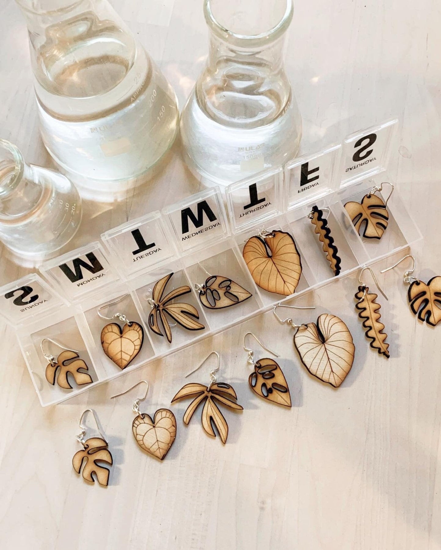Pill Case 7 Set Plant Wooden Earrings - Plant Dosage